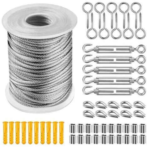 Kit de cuerda de acero inoxidable para colgar, cable de acero inoxidable recubierto de nailon, tensor de cable de acero PVC, para cuerda de tienda, tendedero, lámpara de araña de exterior y jardín (30