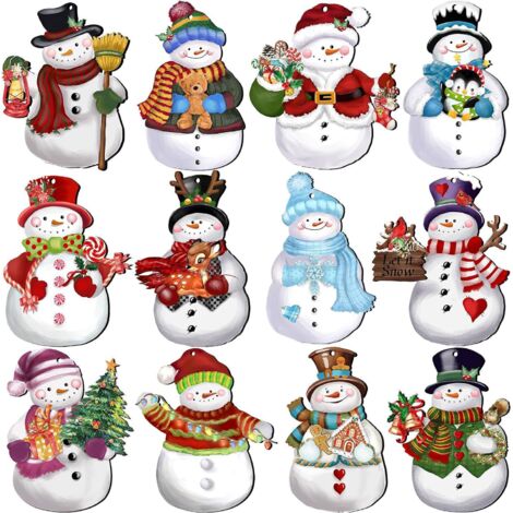 12 adornos navideños colgantes de madera con diseño retro de muñeco de nieve 2D (1/4)