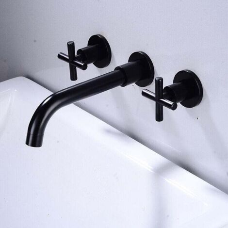 Grifo mezclador de lavabo negro mate para baño, grifo de pared de latón con doble manija y válvula empotrada incluida, AAFGVC
