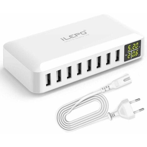 Cargador USB de 8 puertos 5V8A con pantalla LCD, estación de carga inteligente con múltiples enchufes USB compatible con iPhone XS XR SE, iPad, Samsung Galaxy, Redmi, teléfonos Android, etc. (1/5)