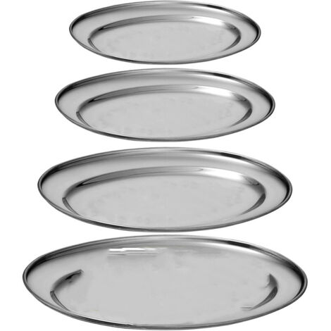 Juego de 4 bandejas para servir, bandejas ovaladas de acero inoxidable, cuencos planos de acero inoxidable, cuencos decorativos para presentar frutas, verduras y dulces (plateado) (1/5)
