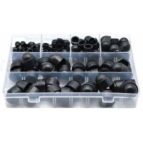 Juego de 145 piezas de tapones de seguridad de PE para tornillos y tuercas. Incluye tapones autoblocantes para tornillos y pernos. Disponible en 6 tamaños. Incluye caja de almacenamiento. Color negro.
