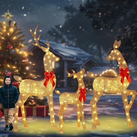 Adornos navideños para exterior: familia de renos iluminada, guirnalda de luces LED, regalo para jardín y césped (juego de 3 piezas)