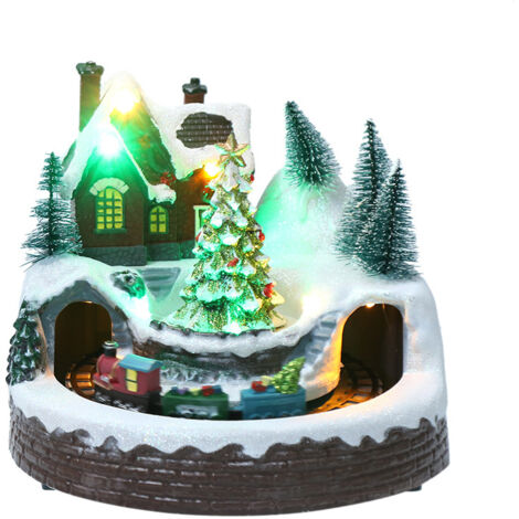 Casa navideña coleccionable de resina hecha a mano, alimentada por USB y pilas: un pequeño tren debajo del árbol de Navidad. (1/4)