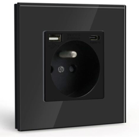 Enchufe de pared con USB y 1 puerto Tipo-C, alimentación de CA negra con panel de cristal, regleta de pared con USB (máx. 2,1 A), apta para smartphones y tablets.
