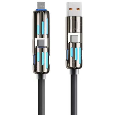 Cable de carga 4 en 1, 240 W, 1,5 m, multicargador USB-C/C con luz LED RGB, cable USB-A/C a Lightning/USB-C para iPhone/MacBook/iPad Pro, S24 (negro) (1/5)