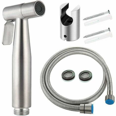 Grifo bidé con ducha de mano – Cabezal de ducha de acero inoxidable 304 – Manguera de 120 cm – Soporte de pared incluido – 2 arandelas incluidas (1/4)