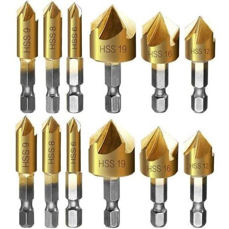 Juego de 12 fresas para biselar metal con vástago hexagonal, punzón autocentrante y brocas para biselar de 6 mm, 8 mm, 9 mm, 12 mm, 16 mm y 19 mm. (1/5)