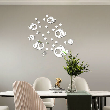 Pegatinas de pared de peces y burbujas, pegatina de pared de espejo acrílico, vinilo decorativo 3D, decoración de paredes para baños, salas de estar y dormitorios (plateado) (1/4)