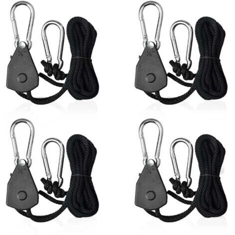 Cuerdas de trinquete ajustables de 1/8" - Paquete de 4 - Carga máxima 34 kg - Cuerda trenzada de polipropileno de 2,4 m - Ganchos de acero inoxidable (1/5)