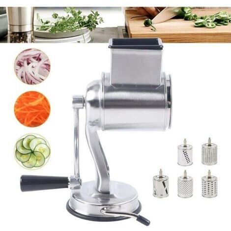 Rallador manual de tambor, rebanador de verduras de acero inoxidable, rebanador de verduras giratorio, molinillo de queso con 5 cuchillas de tambor para queso, verduras y frutos secos. (1/5)