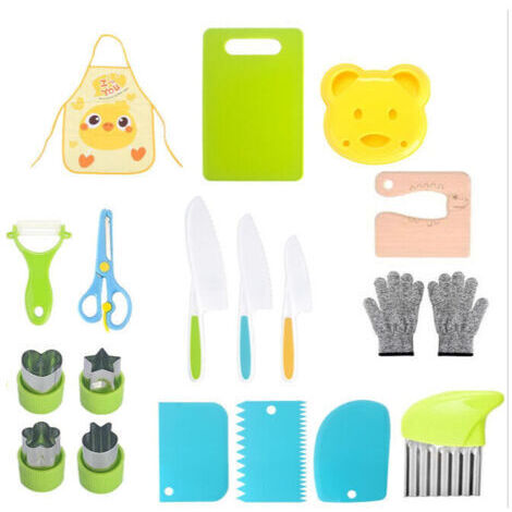 Juego de cuchillos de cocina para niños de 19 piezas, juego de cuchillos de seguridad para cortar frutas o verduras, cuchillos dentados, tablas de cortar y otros accesorios de cocina.