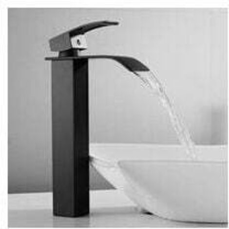 Grifo de cascada negro de 1 pieza con caño alto, grifo mezclador monomando para lavabo con palanca de cobre, mezclador de agua fría y caliente para baño. (1/4)