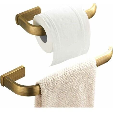 Juego de accesorios de baño de 2 piezas: aro para toallas y portarrollos de papel higiénico de latón para montaje en pared, acabado en bronce cepillado.