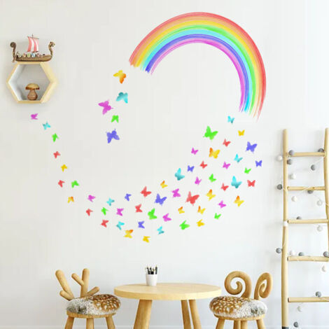 Pegatinas de pared de arcoíris, mariposas coloridas, pegatinas de pared de nubes, decoración para la habitación del bebé, habitación infantil y sala de estar.