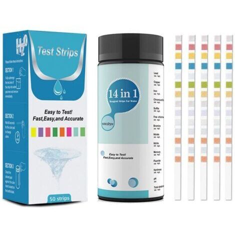 Kit de análisis de agua potable 14 en 1: kit para analizar agua potable, piscinas y spas para determinar la dureza, el pH, el plomo, el hierro, el cobre, el cloro, el flúor y más (100 piezas). (1/4)