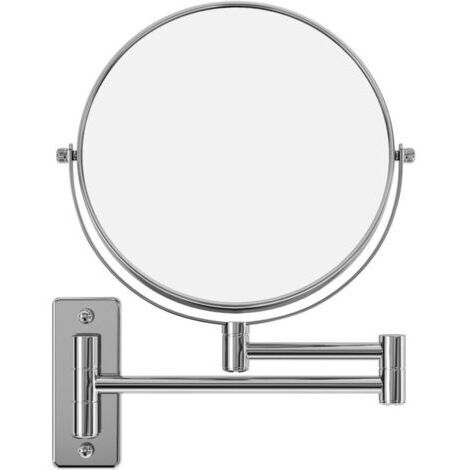Espejo de maquillaje LED de doble cara de 8 pulgadas, espejo de aumento para montaje en pared, giro de 360°, acabado cromado, extensible, funciona con 4 pilas AAA (no incluidas) (plateado)