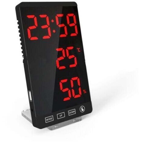 Reloj con espejo LED, termómetro e higrómetro, reloj meteorológico electrónico, despertador, letras rojas en negrita (1/5)