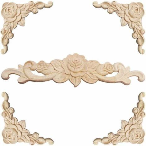 Moldura decorativa de madera, 5 piezas, tallado en madera, moldura decorativa de madera, aplique, roseta decorativa, calcomanía floral tallada en madera, esquina decorativa tallada para decoración de 