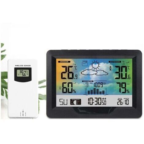 Estación meteorológica a color, inalámbrica para interiores y exteriores con sensor, termómetro, higrómetro y monitor de temperatura y humedad - Negra
