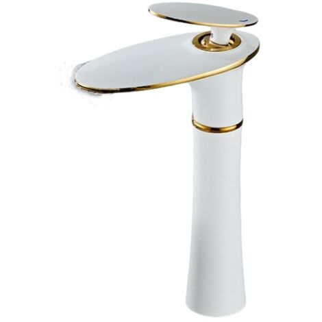 Mitigeur Salle de Bain Cascade Mitigeur Lavabo Blanc et Or Mitigeur Salle de Bain en Laiton Monocommande, Haut (1/4)
