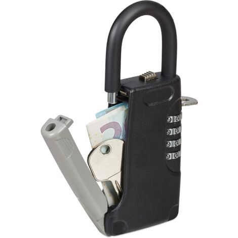 Boîte à clés avec Anse, Code à 4 Chiffres, extérieur, Petit boîtier à clefs, HxLxP : 14,5 x 6.2 x 2.2 cm, Noir