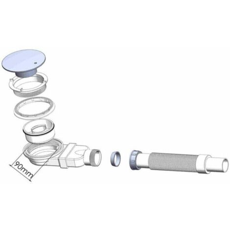 Bonde de douche 90 mm, extra plat, trou de vidange pour bac de douche, siphon avec système anti-odeurs, tamis à cheveux, tuyau flexible, couvercle chromé，blanc, une pièce