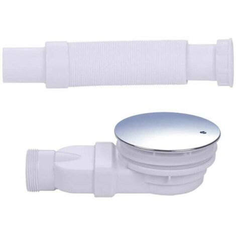 Bonde de douche 90 mm, extra plat, trou de vidange pour bac de douche, siphon avec système anti-odeurs, tamis à cheveux, tuyau flexible, couvercle chromé，blanc, une pièce