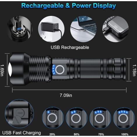 Lot de 2 lampes frontales LED ultra-puissantes 2500 lm, rechargeables par USB-C avec indicateur de charge, 7 modes d'éclairage, angle réglable à 45°, camping/urgence