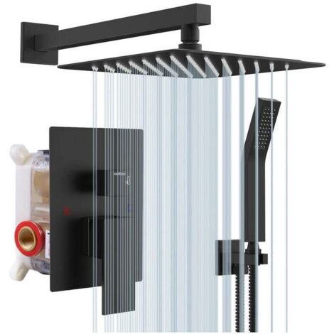 Colonne de douche encastrée – Tête carrée 25 x 25 cm en acier inoxydable – 3 modes d'eau – Montage mural – Laiton durable (1/4)