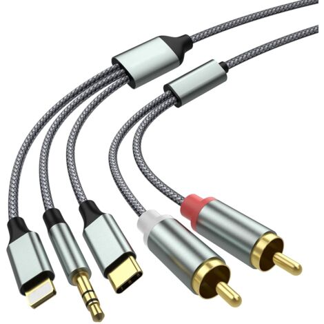Adaptateur audio auxiliaire Lightning vers RCA, câble RCA vers 3,5 mm, câble audio USB C vers 2 RCA (câble audio 3 en 1) pour voiture, home cinéma, haut-parleur, etc.(2.3m)