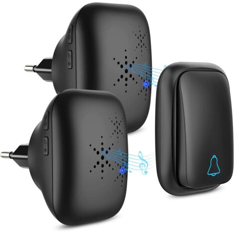 Sonnette sans Fil,  Sonnette sans Batterie Requise Carillon de Porte sans Fil avec 2 Récepteurs, Bouton Poussoir étanche à 150m de Portée avec 38 Carillons, Volume à 4 Niveaux - Noir (1/5)