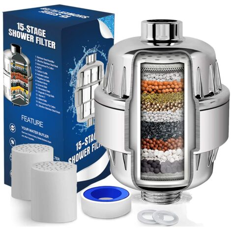 Filtre Douche Anti Calcaire à 15 Étapes Avec Vitamine C - Filtre de Douche Haut Débit pour Éliminer le Chlore et Fluorure - 2 Cartouches Incluses - Filtre de Douchette