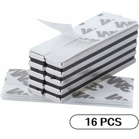 16 pièces rectangle aimants néodyme 60 x 10 x 3 mm avec ruban adhésif de marque 3M, Aimants avec film adhésif autocollant Extra haute adhérence pour DIY, cuisine, sous-sol, bâtiment