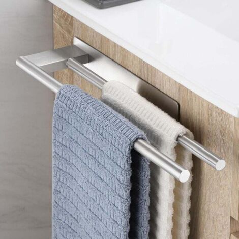 Porte-serviettes de salle de bain sans perçage, double porte-serviettes adhésif, support mural en acier inoxydable pour salle de bain et cuisine, argent brossé