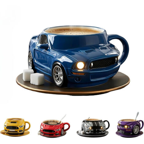 Tasse à café créative en acier inoxydable à double couche en forme de voiture, durable, faite à la main, pour voiture, bureau, eau, sous-verres non inclus, bleu