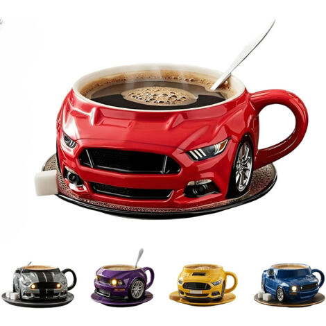 Tasse à café créative en acier inoxydable à double couche en forme de voiture, durable, faite à la main, pour voiture, bureau, eau, sous-verres non inclus, rouge
