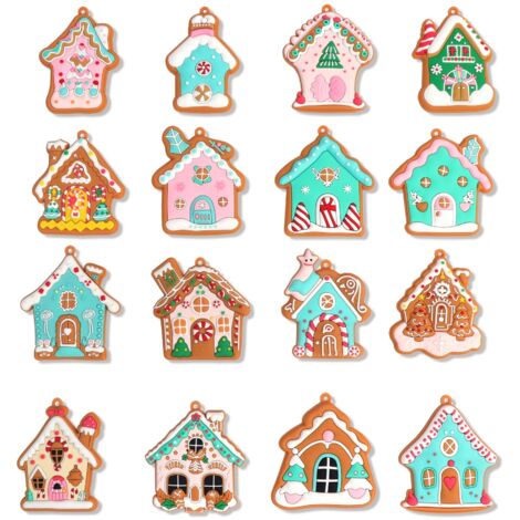 Lot de 16 décorations de Noël en forme de maison en pain d'épices, idéales pour décorer un sapin de Noël. (1/5)