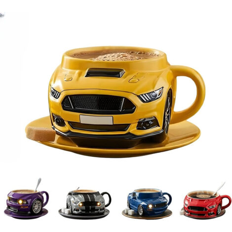 Tasse à café créative en acier inoxydable à double couche en forme de voiture, durable, faite à la main, pour voiture, bureau, eau, sous-verres non inclus, jaune