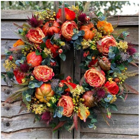 Nouvelle couronne de Noël suspendue de 15 points et 75 pouces pour porte, feuilles, citrouilles, roses, décoration en rotin pour Noël et Thanksgiving (1/5)