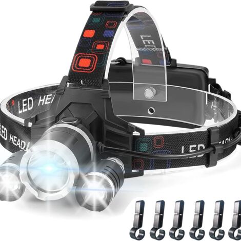 Lampe Frontale Rechargeable, 8000L Super Lumineux Étanche Léger Torche Frontale LED Puissante avec Voyant Rouge, 5 Modes d'éclairage & Zoomable & 90° Réglable pour Course/Camping/Pêche
