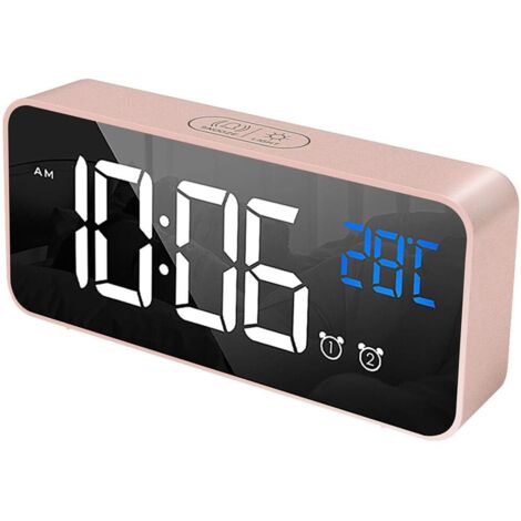 Réveil Numérique avec Grand Affichage de la Température LED, Alarme de Miroir Portable avec Double Alarme Roupillon Temps Gradateur de Luminosité Réglable sur 4 Niveaux (Rose)