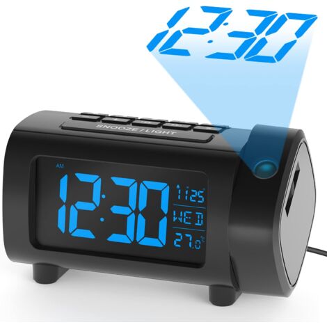 Radio Réveil à Projection, Horloges à Projection 180° Reveil Projecteur FM avec Alarme, Grand Affichage VA, 4 Niveaux de Luminosité de l'écran, Numérique USB, Fonction Snooze, 12/24H