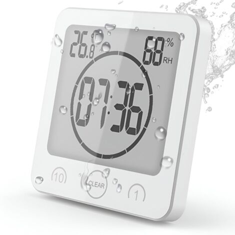 Horloge de Salle de Bain, Horloge de Douche Contrôle Tactile étanche, Alarme Numérique LCD, Thermomètre Hygromètre, Minuterie de Compte à Rebours, Alimenté par Pile, pour Maquillage Cuisine (Blanc)