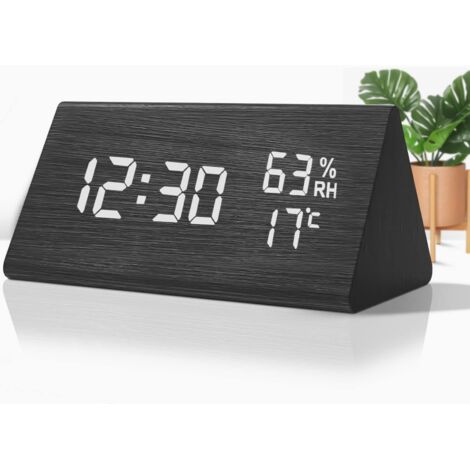 Réveil Numérique en Bois, Reveil Bois avec 3 Réglages d'Alarme, LED Réveil Électronique avec Heure et Température, Contrôle du Sonore, Fonction Snooze, pour Bureau de Chambre (Noir)
