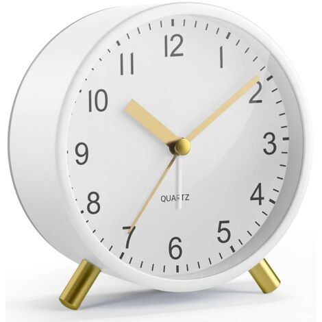 Réveil analogique silencieux sans tic-tac, horloge de chevet classique en métal avec veilleuse et grand écran, réveil à piles pour chambre à coucher, enfants, personnes âgées (blanc)