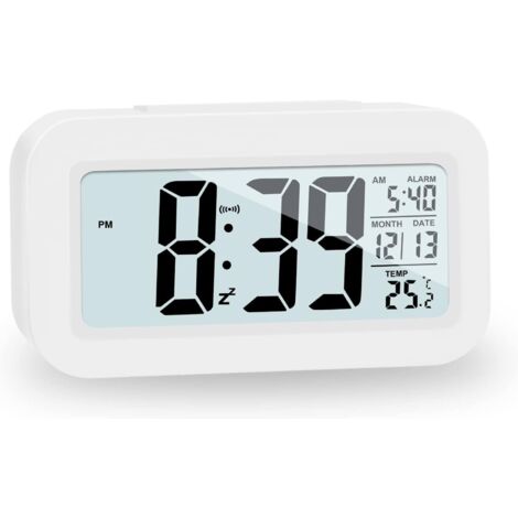Réveil numérique, horloge numérique à piles, réveil silencieux pour enfants et adultes, grand écran LED, calendrier de température (blanc)