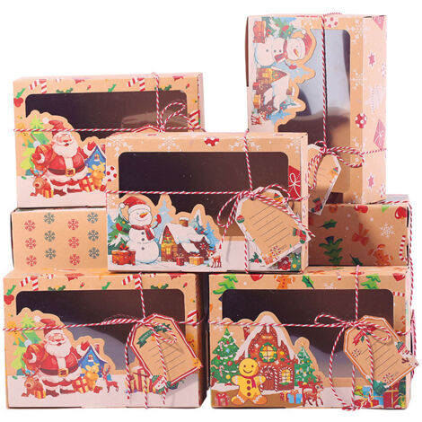 Autre décoration pour Noël,12 Ensembles Boîte Papier Kraft avec Fenêtre Transparente 22 x 15 x 7 cm Boîte Pâtisserie Motif Noël avec Corde et Fenêtre Boîte Cadeaux pour Pâtisseries Biscuits Cupcakes