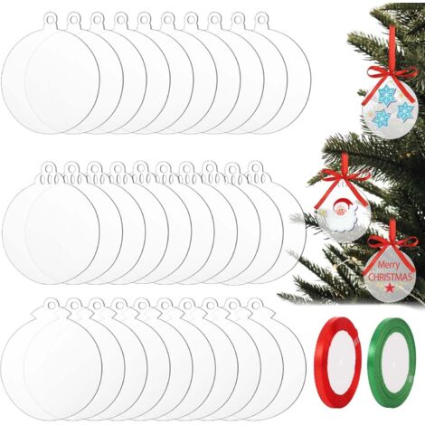 30 pcs Boules de Noël Rondes Feuille Acrylique Transparent avec Ruban, Boules Plates pour travaux manuels, Noël disques Acrylique Transparent pour décoration de fête d'arbre (7,5 cm)