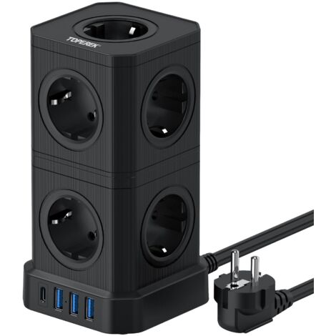 Multiprise tour européenne TP-VE4U9E-C avec 9 prises, 4 ports USB, câble 2 m, contrôle général, 4000W – Noir/Blanc